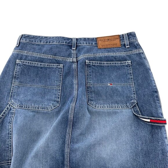 Tommy Hilfiger Vtg Y2K Logo Cargo slit Denim Jean Skirt size 10 Carpenter Mini - Picture 10 of 11